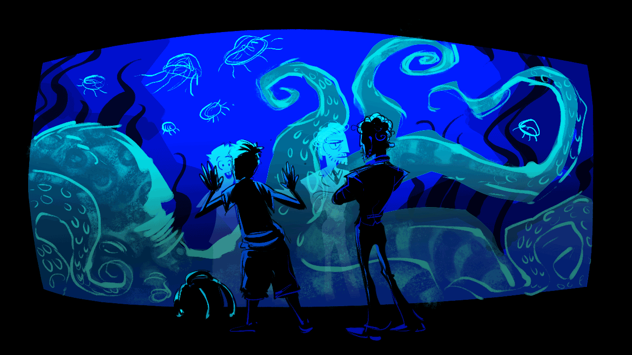 two men watching an blue aquarium scene