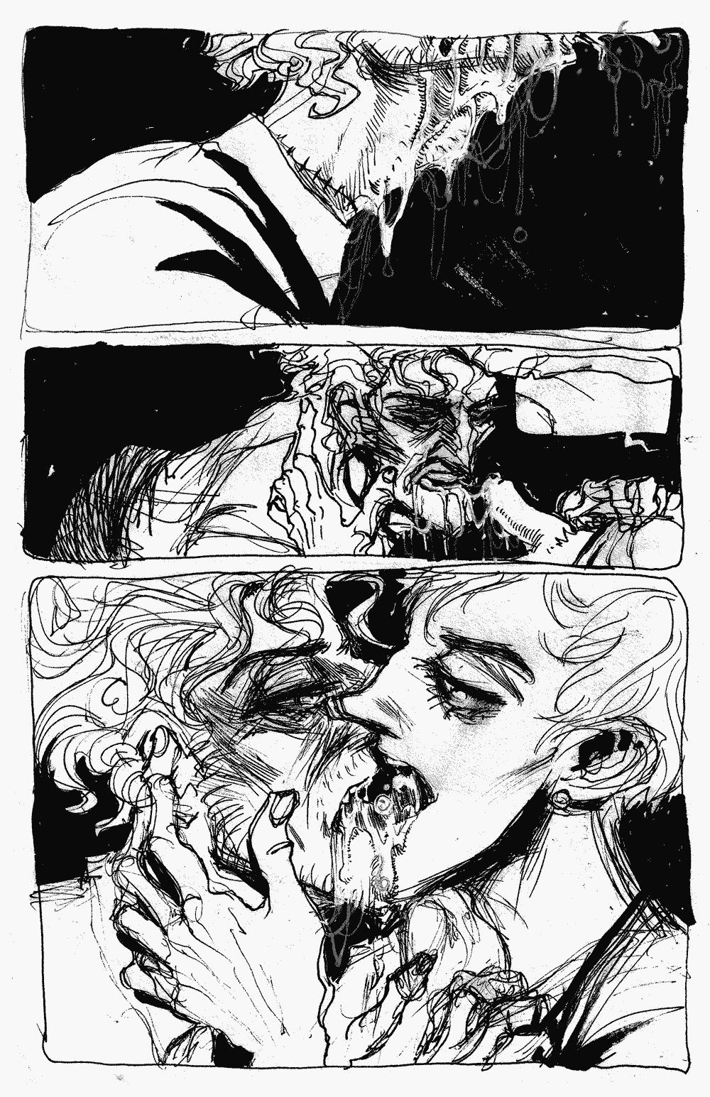 Page 5 - Viscous liquid pours down the older man's throat.  He releases himself from suckin' mad dick.  Both men passionately kiss and trade sperm within their mouths and tongues.