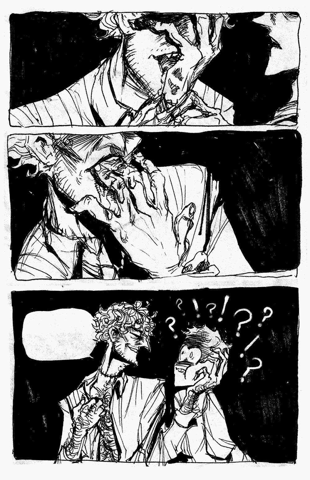 Page 6 - Older man licks the sperm off of the younger man's hand.  He sucks his fingers.  He caresses the small man's surprised face, saying something that the smaller man cannot comprehend in his incredulously aroused mood.